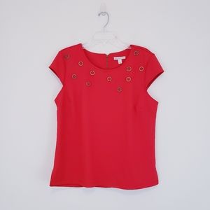 Dress Barn Vintage Red Blouse Gold Circle Hardware Accents Zip Back Size Large